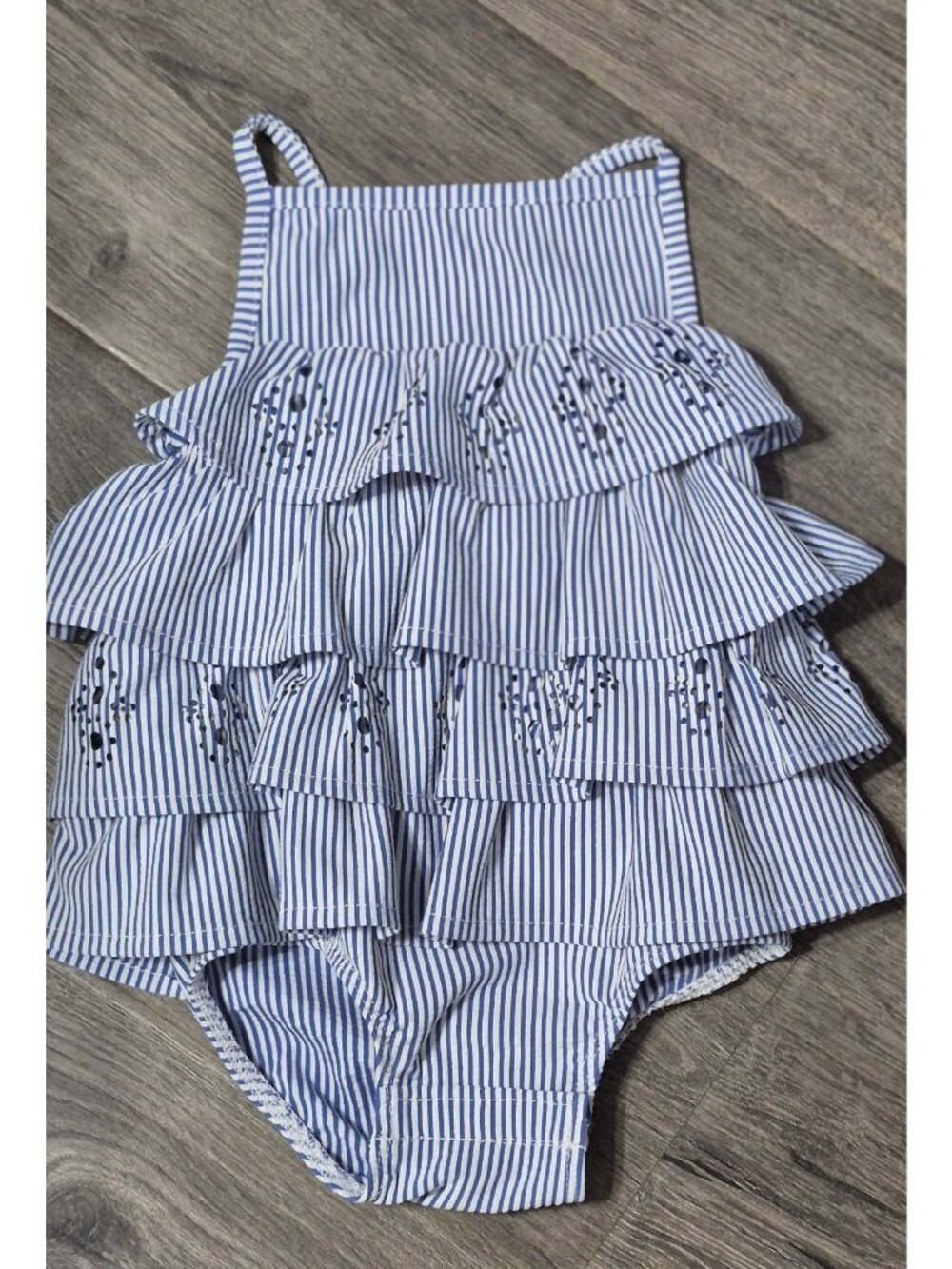 Mud Pie Baby Girl Blue & White Stripe Ruffled Seersucker Romper Size  24m/2T